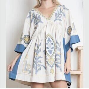 NEW Blue Velvet Embroidered Boho Babydoll Dress Women Size S/M Floral Beach